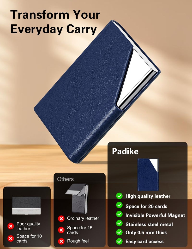 Padike Business Card Holder, Leather Business Card Case Pocket Card Holders for Men or Women, Metal Slim Name Card Holder RFID Blocking Business Card Carrier with Magnetic Closure(Z-Navy Blue) - Image 2